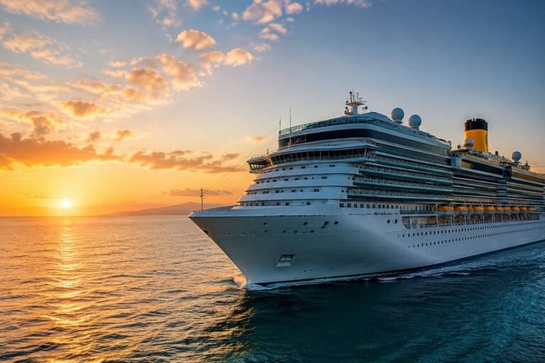 A large white cruise ship sailing at sunset on calm blue water, with a yellow funnel and multiple decks visible against an orange sky.