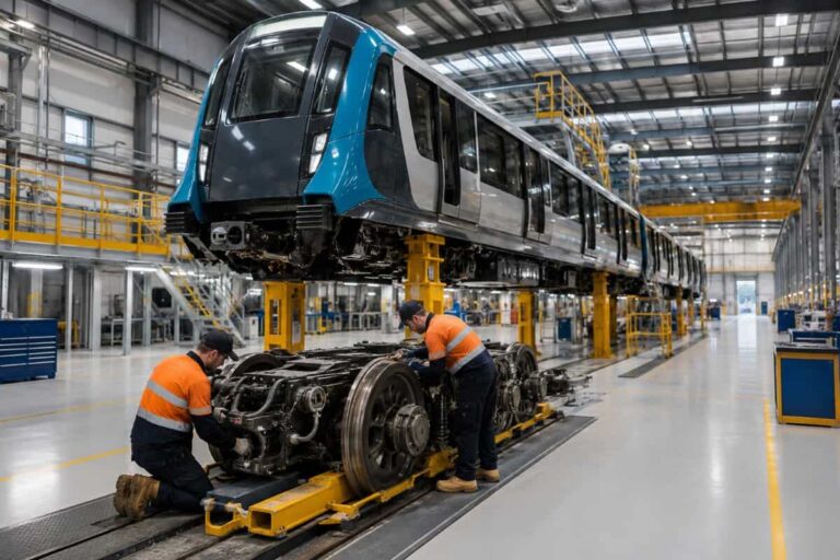 Two workers in orange safety vests inspect a train car chassis on a maintenance track inside a bright factory floor.