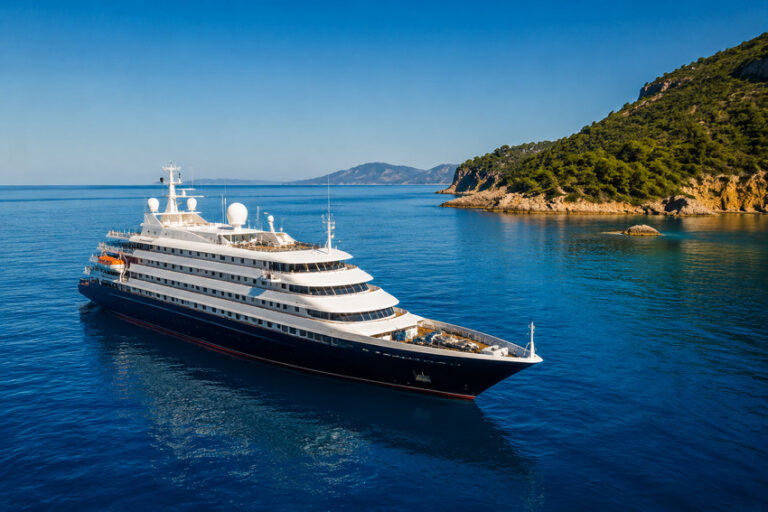 Luxurious multi-deck yacht cruising near a rocky, tree-covered coastline on clear blue water.