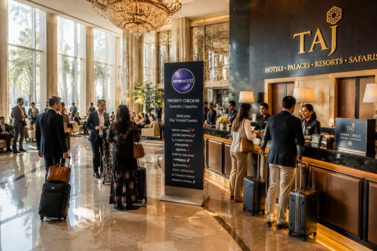 Hotel lobby at Taj with guests checking in at a polished front desk and a large chandelier overhead.