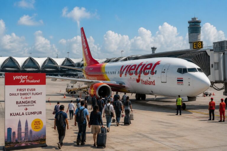 Passengers with rolling suitcases boarding a VietJet Air Thailand jet at the gate, with a jet bridge attached to the aircraft and blue sky above.