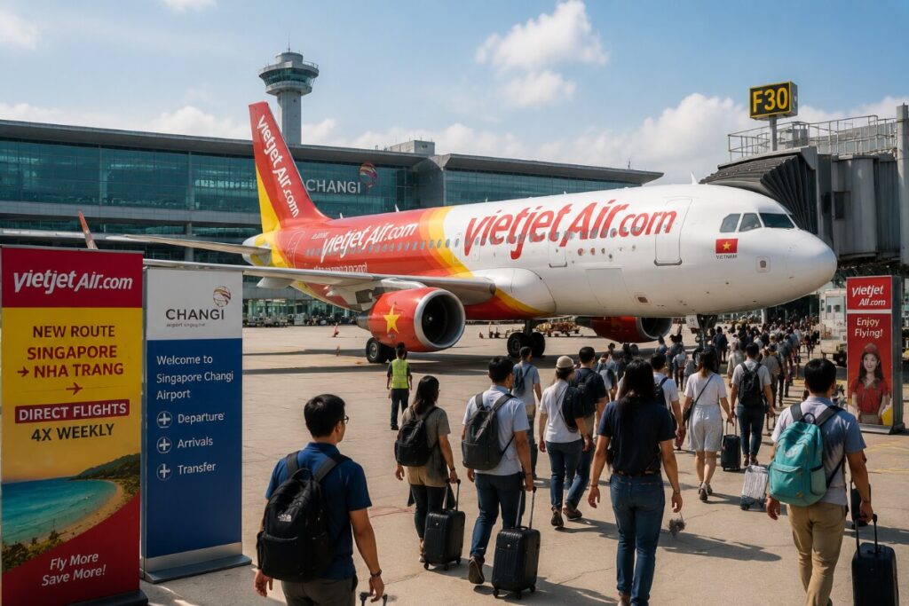 Passengers line up to board a VietJetAir aircraft at a jet bridge at Changi Airport, gate F30, on a sunny day
