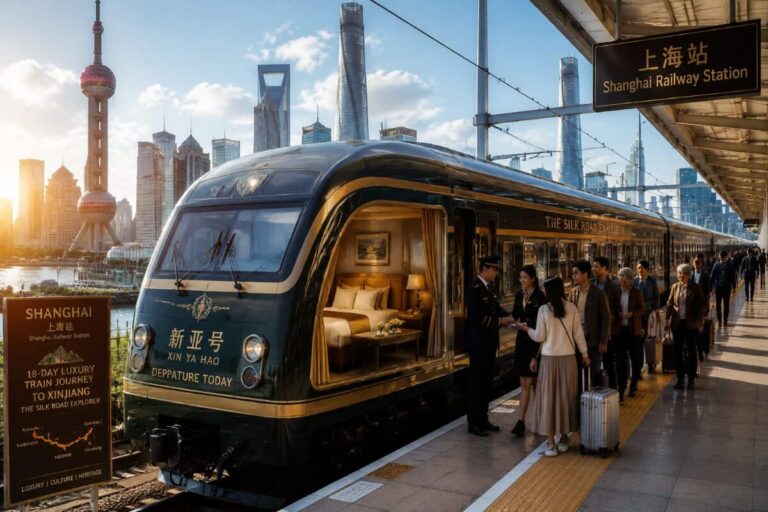 Modern high-speed train at Shanghai platform with passengers boarding, skyline backdrop at sunset.