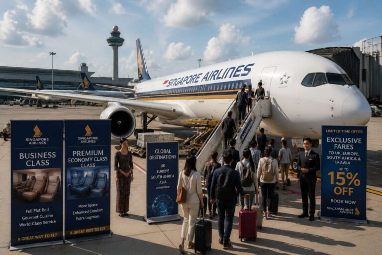 Passengers boarding a Singapore Airlines jet via an outdoor boarding stairs at the gate, with signs advertising class options nearby.