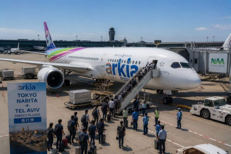 A white Arkia airplane parked at a gate with passengers boarding via an external staircase; ground crew and luggage carts nearby at the airport.