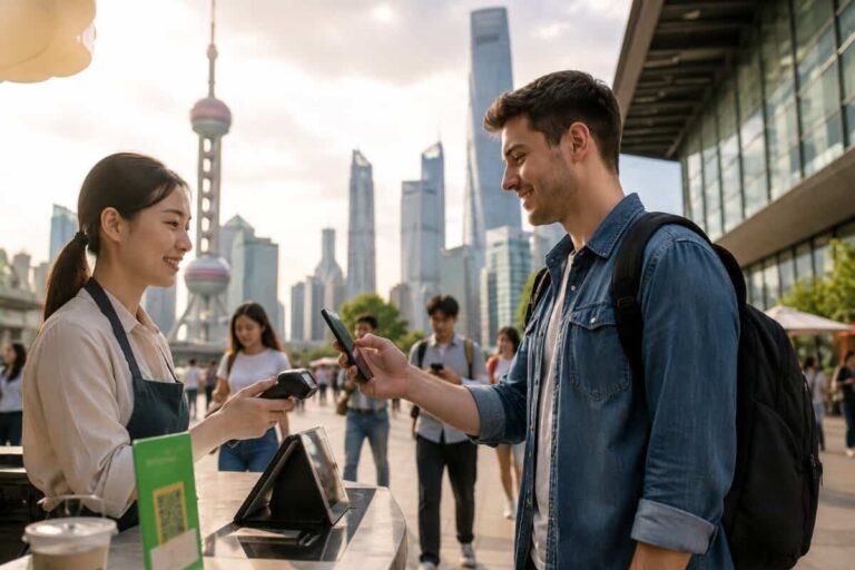 Young man with a backpack pays with his phone to a street vendor at an outdoor counter, with a sunny cityscape of skyscrapers in the background.