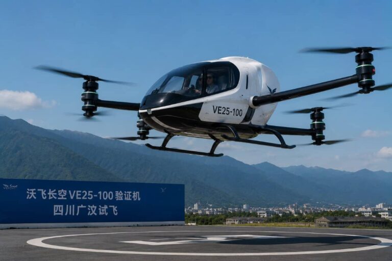 VE25-100 VTOL drone lifting off from a runway with mountains in the background and a blue sign in Chinese nearby.