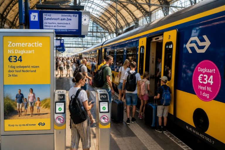 Passengers boarding a blue and yellow NS Intercity train at a busy Dutch station, with a large Zomeractie ad announcing €34 ad on a yellow panel nearby.