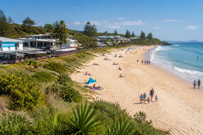 Sunlit beach with families on the sand and a row of beachfront cafes to the left, blue ocean to the right.