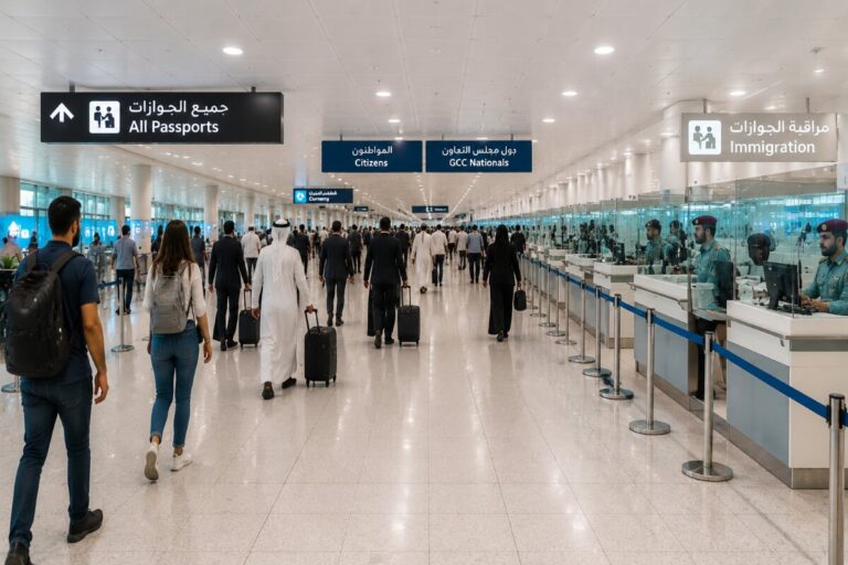 Airport immigration hall with travelers walking toward passport counters; signs read All Passports, Citizens, GCC Nationals, Immigration on overhead boards.