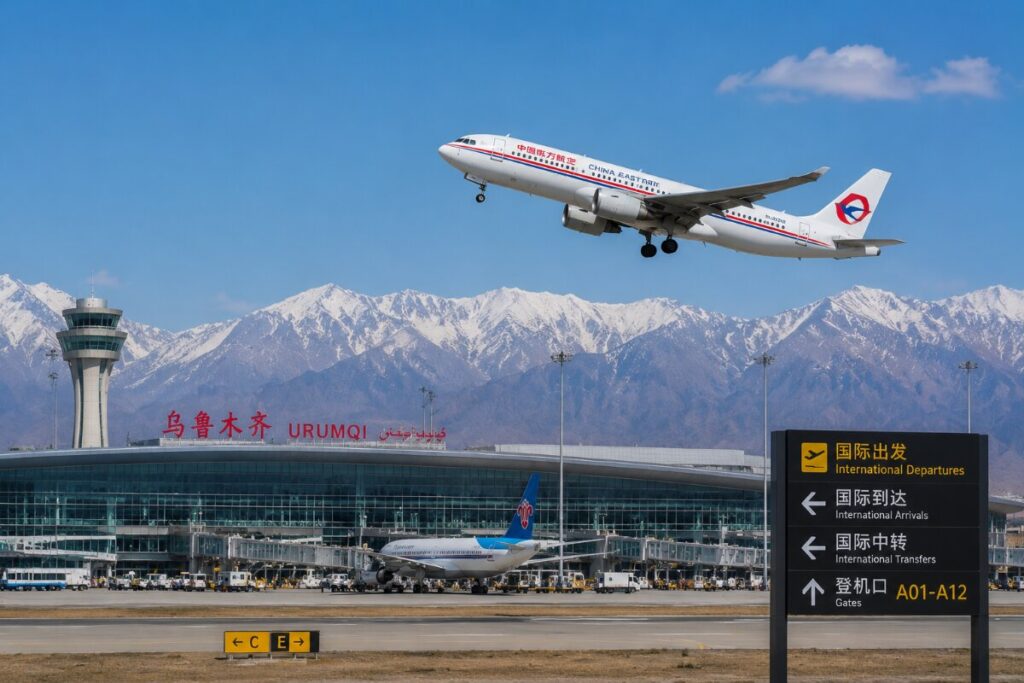 Plane from China Eastern taking off over Urumqi airport with snow-capped mountains in the background and a terminal building in view, sign showing international departures nearby