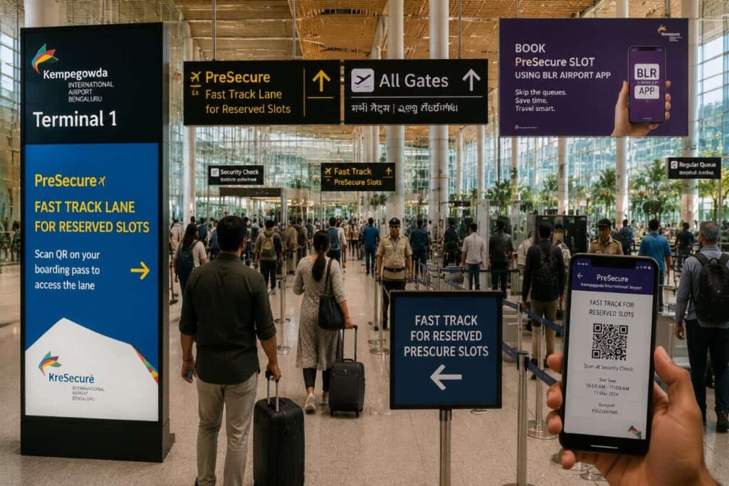 Busy airport terminal with large digital sign: Terminal 1 and PreSecure FAST TRACK signs for reserved slots