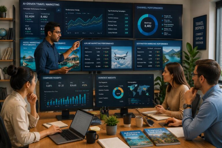 Four colleagues in a meeting room review AI-driven travel marketing dashboards displayed on a wall of monitors, showing charts, metrics, and performance data.