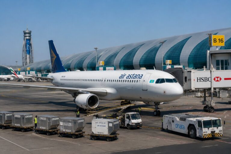 Air Astana aircraft at the gate with a jet bridge, cargo pallets, and a modern glass terminal in the background.