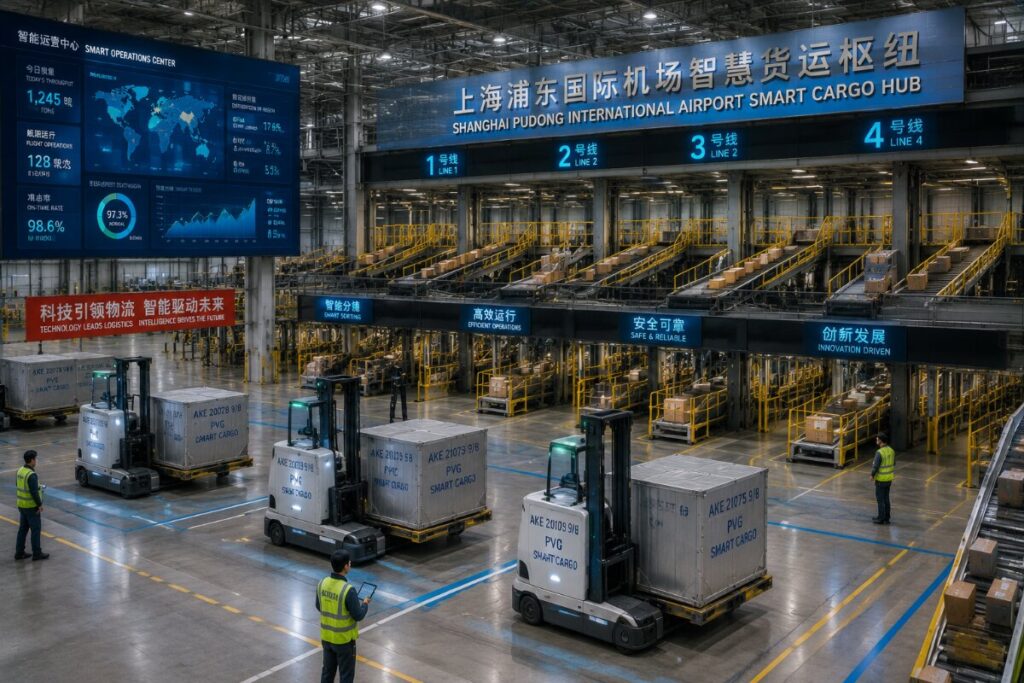 Inside Shanghai Pudong International Airport Smart Cargo Hub: automated forklifts move cargo pallets beneath blue signage as staff monitor the area.