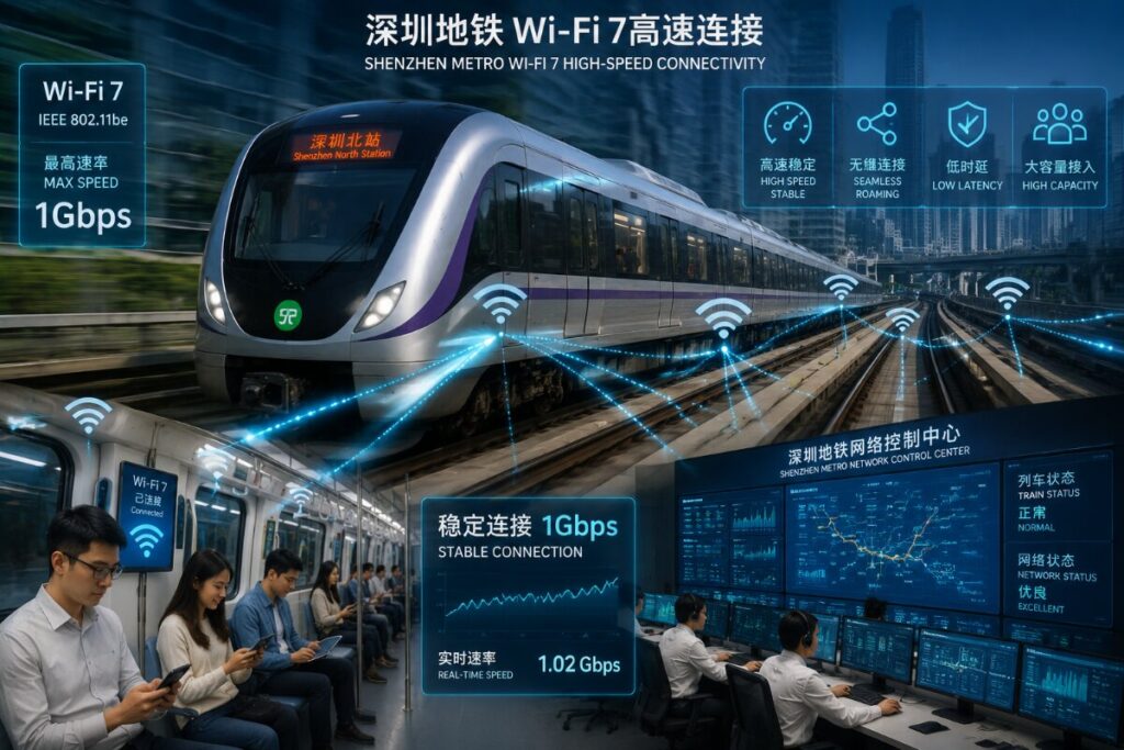 Shenzhen Metro Wi‑Fi 7 high‑speed connectivity concept with a modern train, control center screens, and riders using devices onboard and in the cabin.Includes labels like 'Stable Connection 1Gbps' and 'Real‑Time Speed 1.02 Gbps' and Chinese/English captions about high speed internet on the metro.