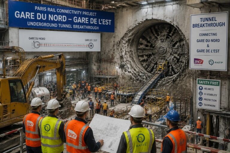 Workers in high-visibility vests and hard hats review blueprints inside a large tunnel construction site with heavy machinery and a massive tunnel boring machine in the background