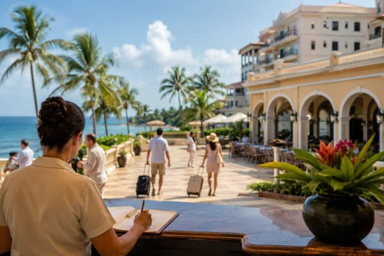 Receptionist writing in a guest book at a sunny seaside resort front desk, with palm trees and the ocean in the background.