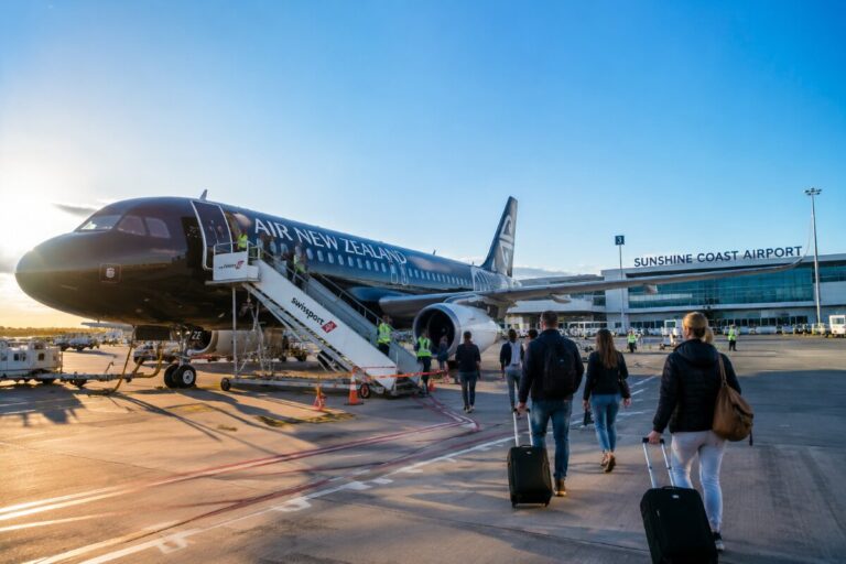 Air New Zealand plane at the gate with passengers walking toward stairs for boarding at Sunshine Coast Airport at sunset.