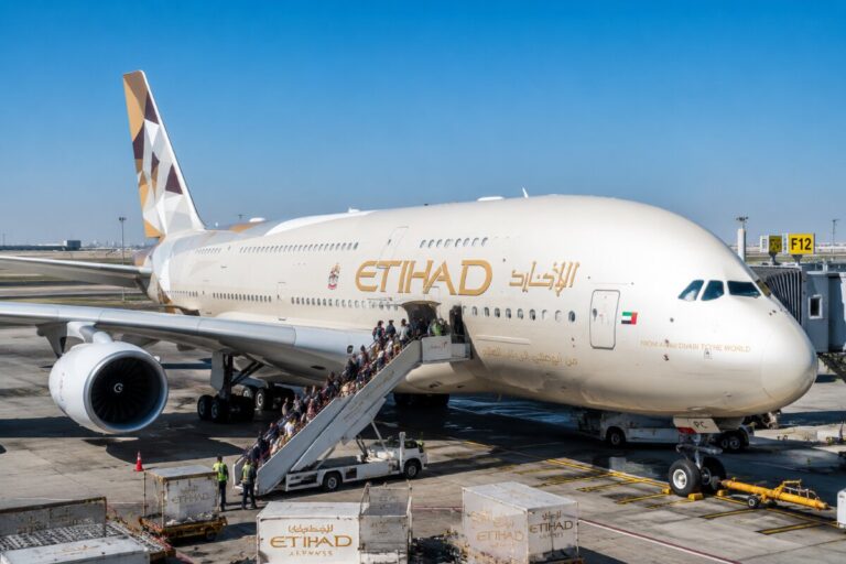 Etihad Airways aircraft parked at the gate with passengers boarding via a mobile staircase.