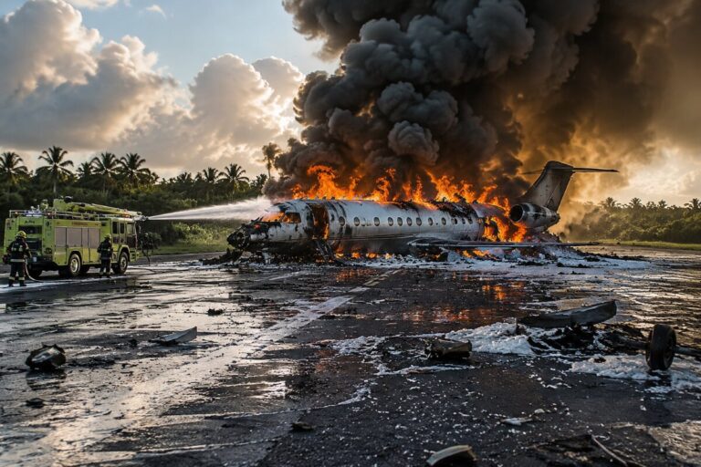 Jet airliner wreckage on a runway engulfed in flames as thick black smoke rises, firefighters spraying water nearby.