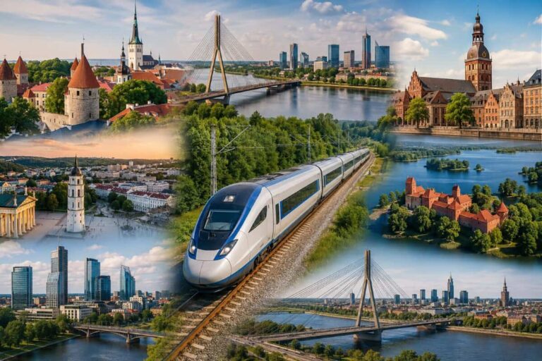 Collage of European cities with a sleek high-speed train running along a riverside track across multiple landmarks.