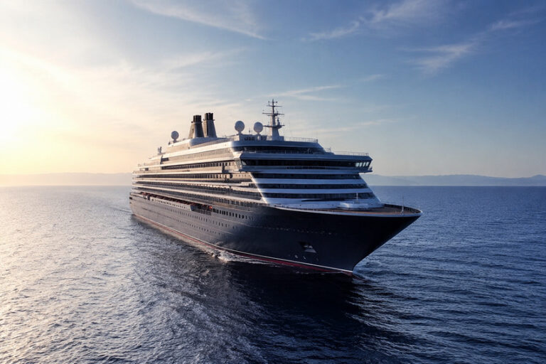 Large passenger cruise ship sailing on calm blue sea at sunset or golden hour light on the left edge of the image.