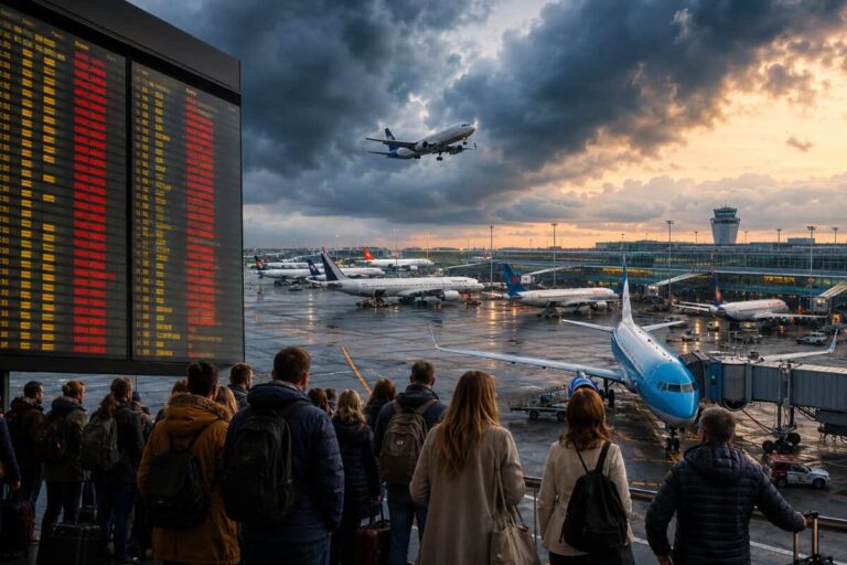Travelers with luggage wait at the gate as planes taxi and take off on a busy airport tarmac under a cloudy sky, left shows a large departure board from the terminal wall.