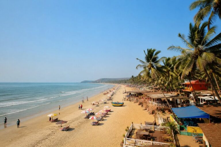 Sunny tropical beach with palm trees, colorful umbrellas, and sun loungers along the sandy shore under a clear blue sky in a resort area of coastline forward view of the sea to the left and beachgoers in the distance.