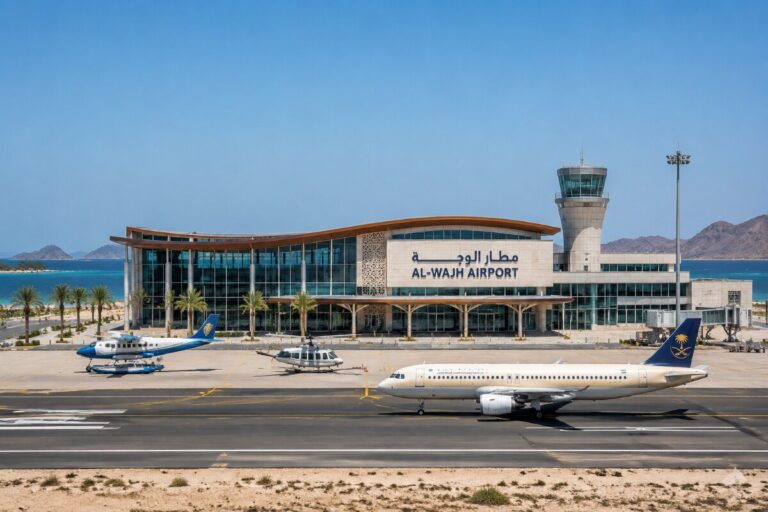 Al-Wajh Airport terminal with control tower, palm trees, and planes on the tarmac by the sea in the background