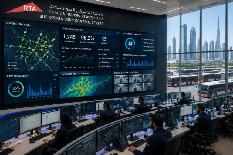 Mission control room with large wall screens displaying live bus routes, performance metrics, and AI analytics; operators at desks monitor data.