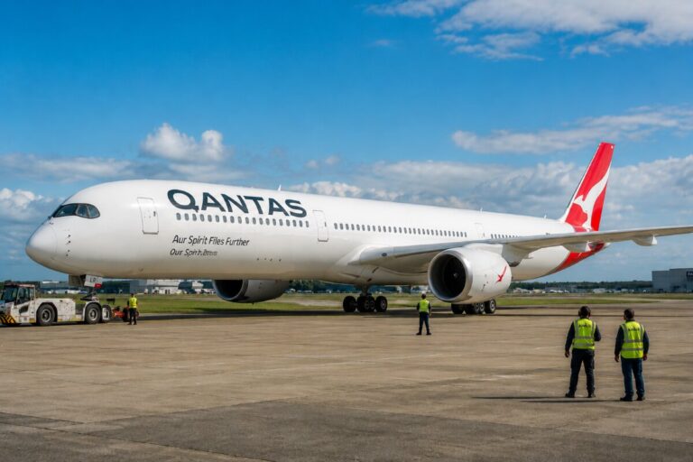 Qantas passenger jet on the tarmac as ground crew in high-visibility vests guide it.