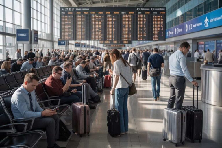 Busy airport check-in/arrival area with travelers seated and standing, many with rolling suitcases under a large departure board.