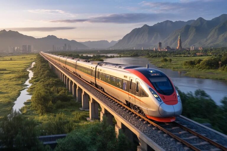 High-speed train traveling on elevated track through green fields with a river, mountains, and distant city skyline at sunset.