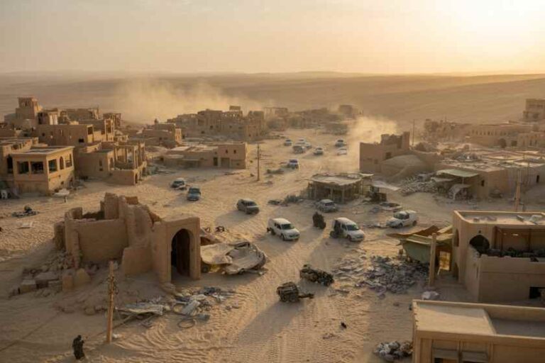 Dusty desert town at sunset with low adobe buildings, a dusty main street, and parked cars traveling through a hazy horizon.