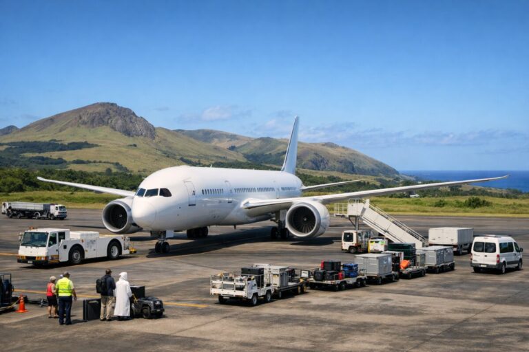 White passenger jet parked on an airport tarmac with ground crew, baggage carts, and stairs nearby, with hills and sea in the distance still visible behind the plane.