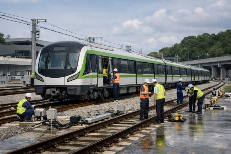 Maintenance crew servicing a modern green-and-white passenger train on wet tracks at a yard edge with equipment nearby.Railway workers in high-visibility vests and hard hats inspect a train during maintenance.A sleek commuter train is parked on the tracks as technicians test electrical equipment on the ground.Team of engineers working on trackside equipment beside a serviced train at a facility.Side view of an electric train being serviced by workers wearing safety gear at a rail yard.Technicians perform maintenance tasks on a train with tools and cables laid out on the tracks.
