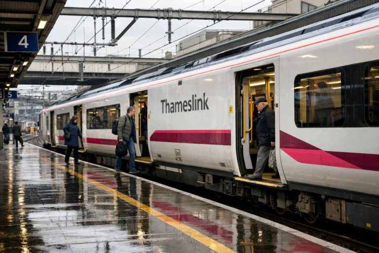 Thameslink train at a platform in the rain with passengers boarding and wet reflective tracks nearby.