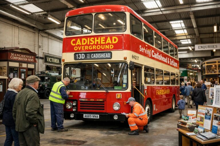 Red vintage double-decker bus on display inside a museum, with visitors nearby and an orange-robed worker inspecting the front bumper.