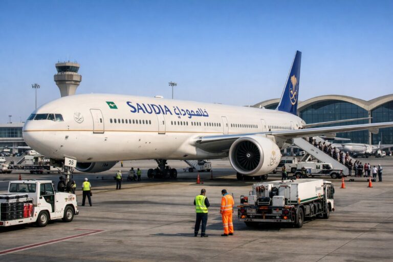 SAUDIA aircraft parked at the gate with ground crew and equipment around it on the tarmac.