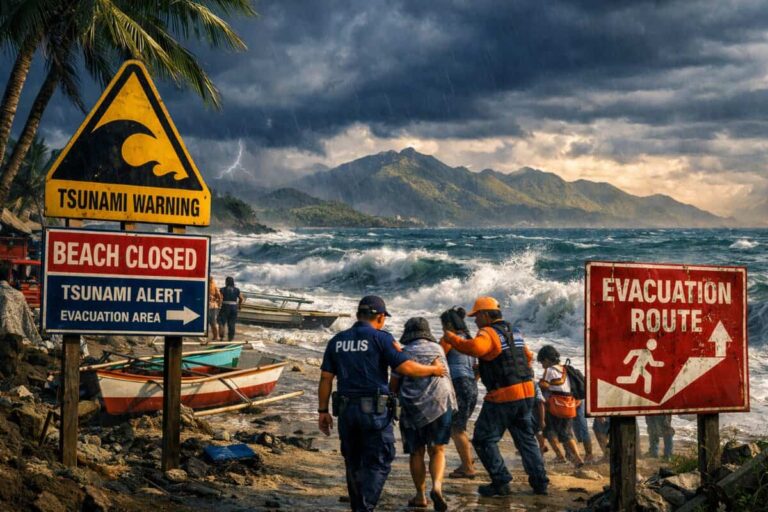Tsunami warning signs on a beach with people being guided by authorities toward shore as waves crash inland.