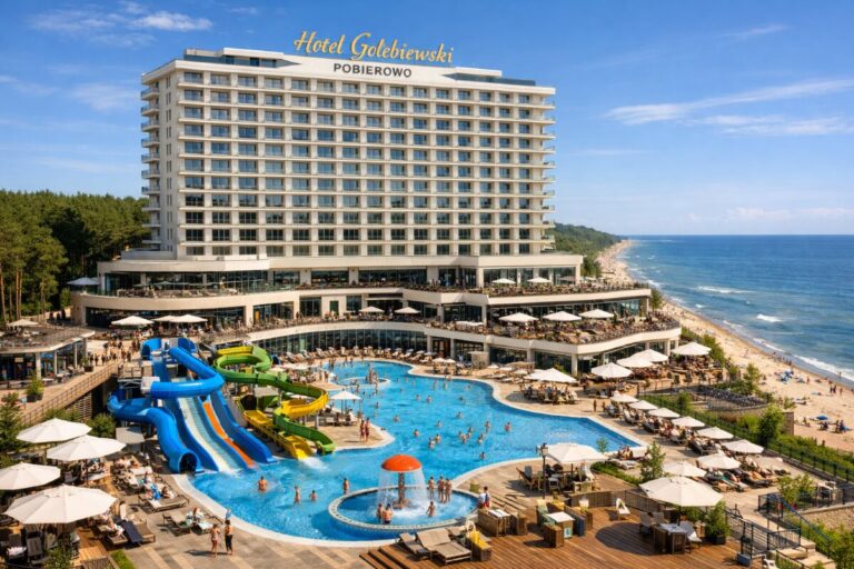 Front view of Hotel Gołębiewski Pobierowo with a large outdoor pool, colorful water slides, and a sandy beach nearby.