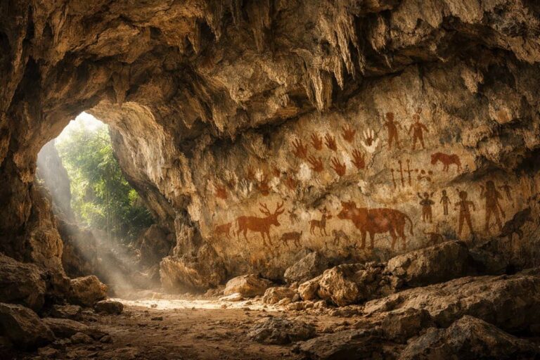 Cave interior with reddish prehistoric drawings of humans, animals, and handprints on a limestone wall, light streaming from the entrance.