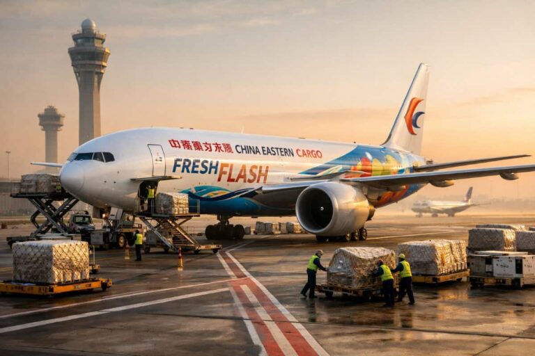 Cargo airplane labeled China Eastern Cargo being loaded with pallets at an airport tarmac at sunset, with ground crew nearby and a control tower in the background.