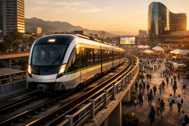 Modern white and green commuter train on an elevated track at sunset, with a busy city plaza below and people walking about.