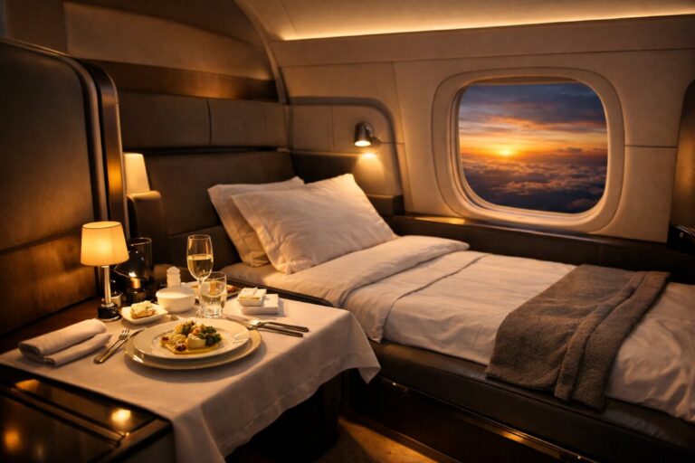 Luxurious airplane cabin with a bed, bedside lamps, and sunset seen through the window while a dinner is set on the table.