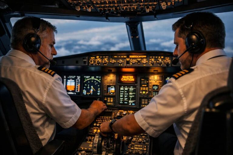 Two pilots wearing headsets sit in the cockpit, focused on flight displays and controls as the aircraft flies through clouds at dusk.