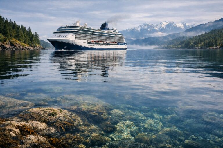 Cruise ship anchored in a calm inlet with rocky shoreline, forested hills and snow-capped mountains in the distance