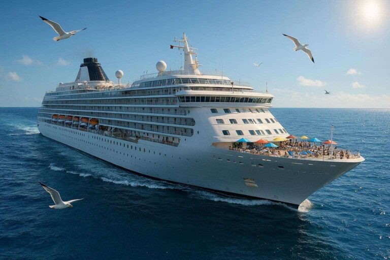 Large white cruise ship cruising on blue ocean with sunlit deck and colorful umbrellas on the top deck, passengers enjoying sun.