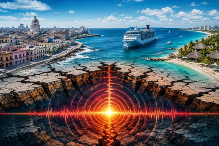 Coastal cityscape with pastel buildings and a large cruise ship; foreground shows cracked ground with glowing orange seismic rings radiating outward, suggesting an earthquake impact near the shore.